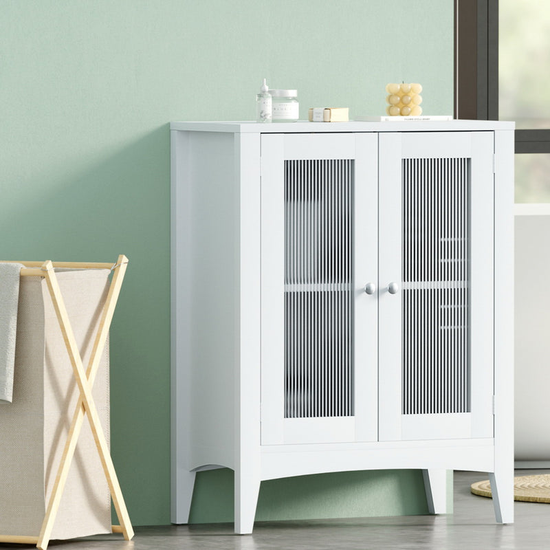 Artiss 80cm Bathroom Storage Cabinet White Glass Door Floor Cupboard