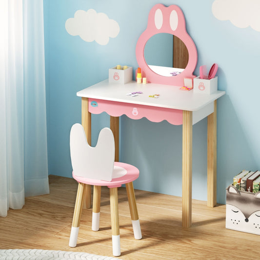 Keezi Kids Dressing Table Wooden Bunny Pink Makeup Mirror