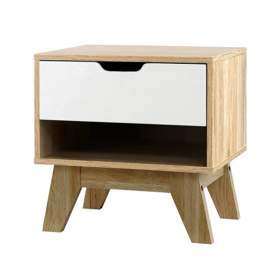 Artiss Bedside Table 1 Drawer White Oak with Shelf