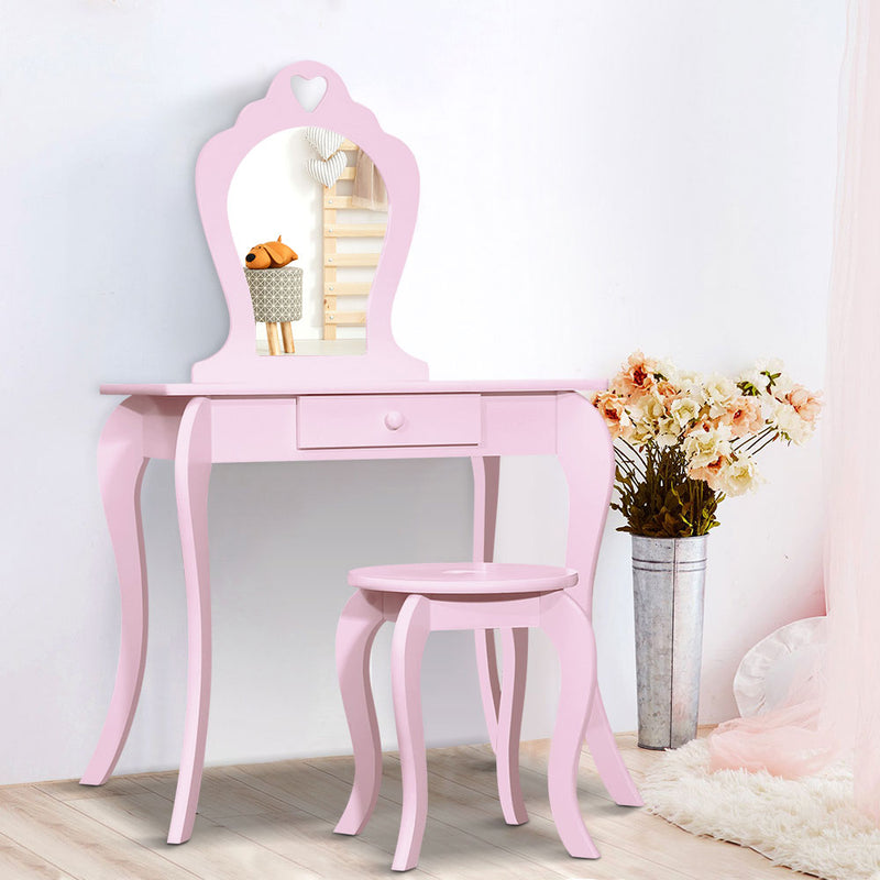 Keezi Kids Dressing Table Vanity Mirror Stool Set Pink Princess