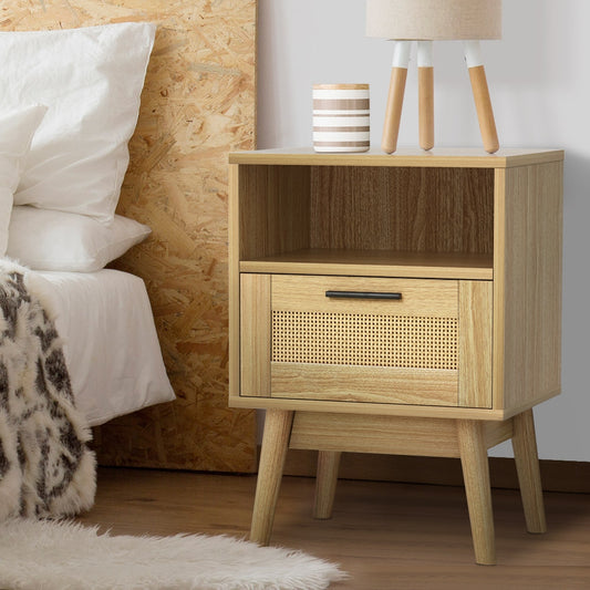 Artiss Rattan Bedside Table 1 Drawer Oak
