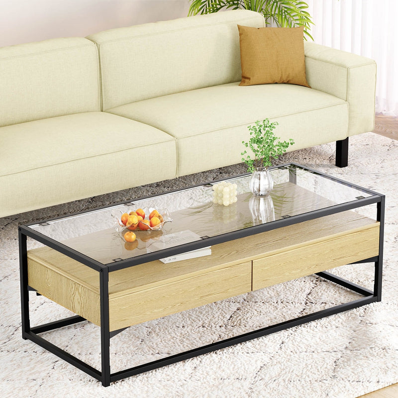 Artiss Coffee Table 2 Drawers Glass Top Pine Wood