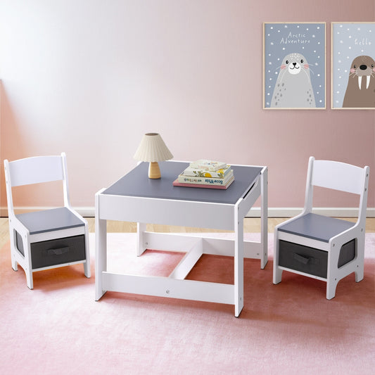 Keezi Kids Table Chairs Set Activity Storage Chalkboard Desk Grey