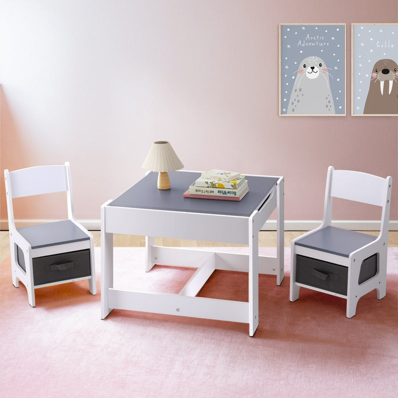 Keezi Kids Table Chairs Set Activity Storage Chalkboard Desk Grey