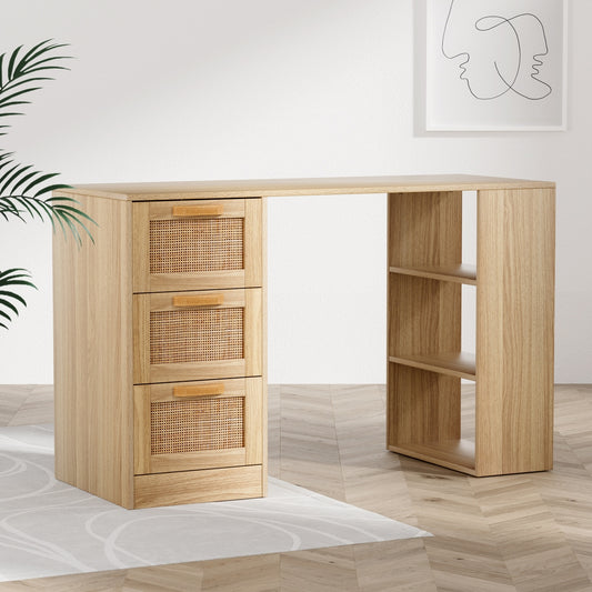 Artiss Computer Desk 120cm Drawer Rattan Oak Home Office Study Table