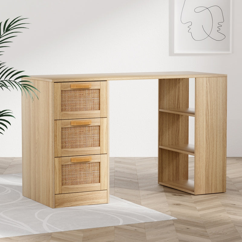 Artiss Computer Desk 120cm Drawer Rattan Oak Home Office Study Table