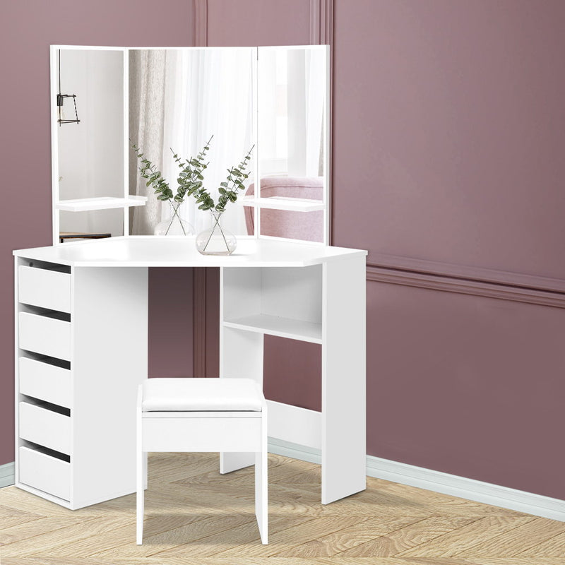 Artiss White Dressing Table 5 Drawer Corner Stool Set