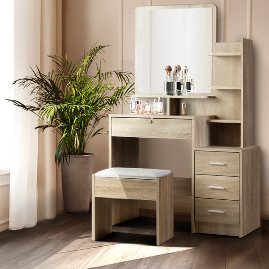 Artiss Dressing Table 4 Drawer Oak Stool Set