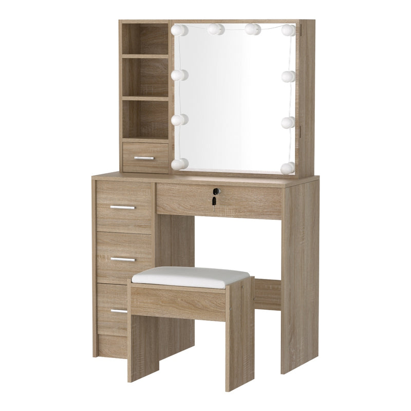Artiss Dressing Table 10 LED Bulbs Wood Stool Mirror