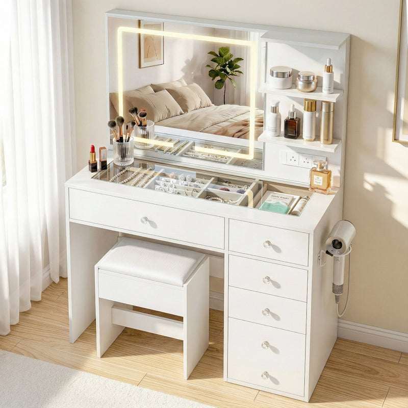 Artiss LED Vanity Dressing Table Desk Set White Stool