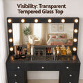 Artiss Dressing Table Charging Station LED Vanity Desk Set Stool Glass Top Make up Mirror Storage Drawer Black