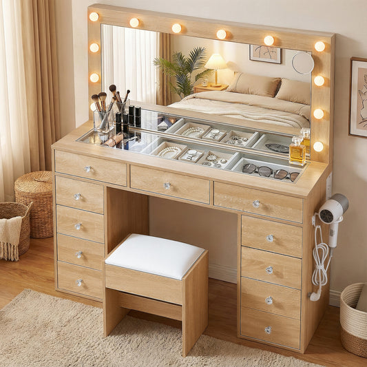 Artiss Dressing Table Vanity Desk w/ Stool LED Bulbs Wood