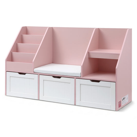 Keezi Kids Bookshelf Storage Cabinet Toy Box Bench Seat Pink