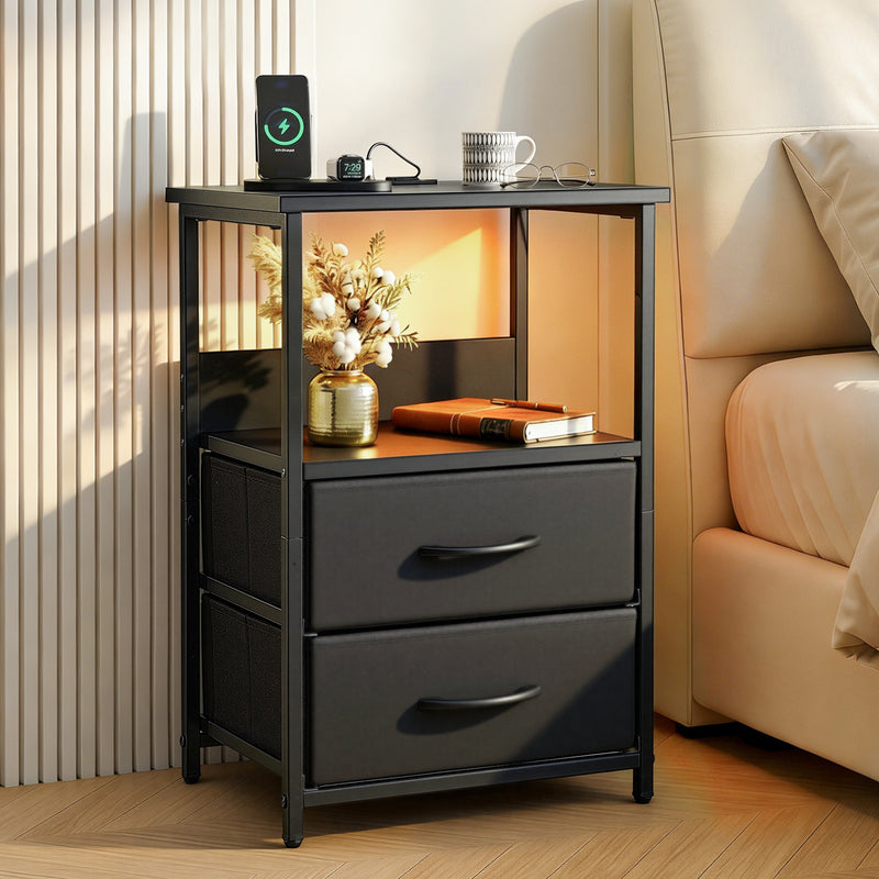 Artiss LED Bedside Table 2 Drawer Charging Station Black Foldable