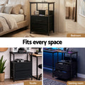 Artiss LED Bedside Table 2 Drawer Charging Station Black Foldable