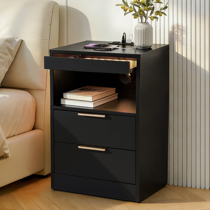 Artiss LED Bedside Table 2 Drawers Charging Station Black