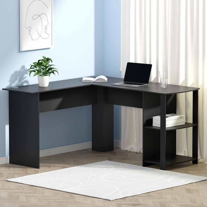Artiss L-Shape Computer Desk 136cm Black with Shelf
