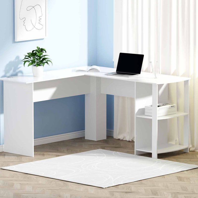 Artiss L-Shape Computer Desk 136cm White with Shelf