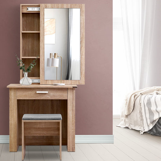 Artiss Dressing Table Stool Sliding Mirror Oak Demi