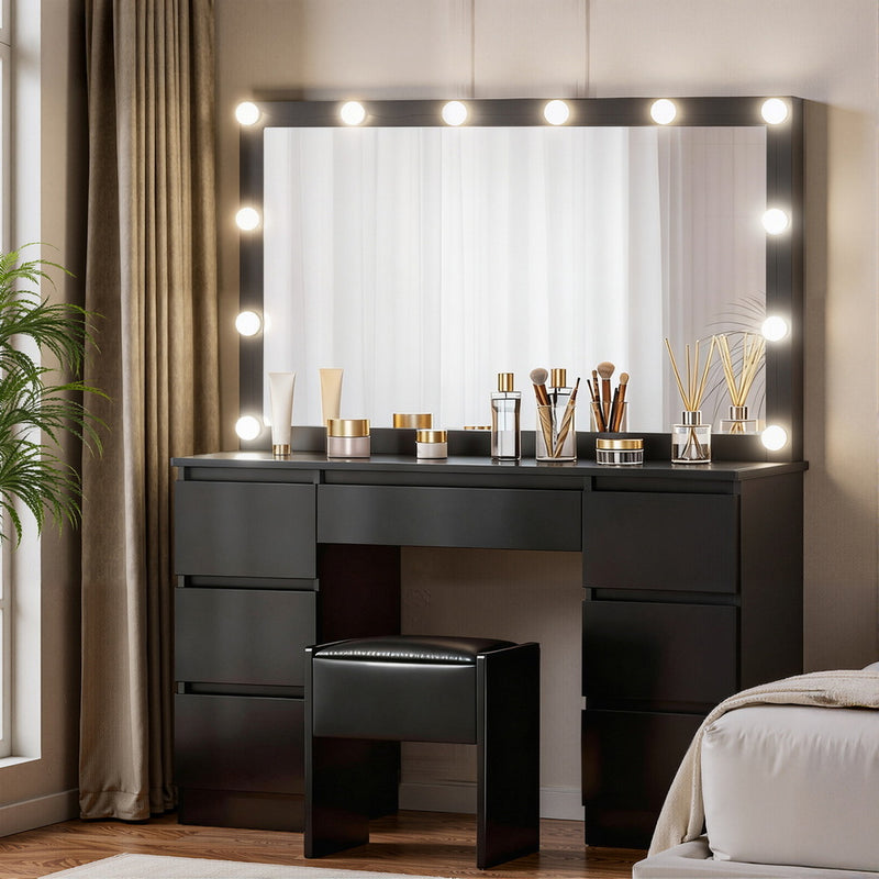 Artiss Dressing Table Vanity Desk with Stool 12 LED Bulbs Black