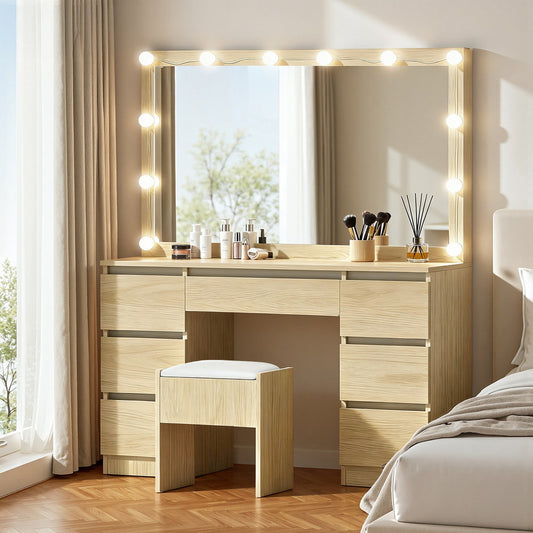 Artiss Dressing Table Vanity Desk 12 LED Bulbs Wood Stool