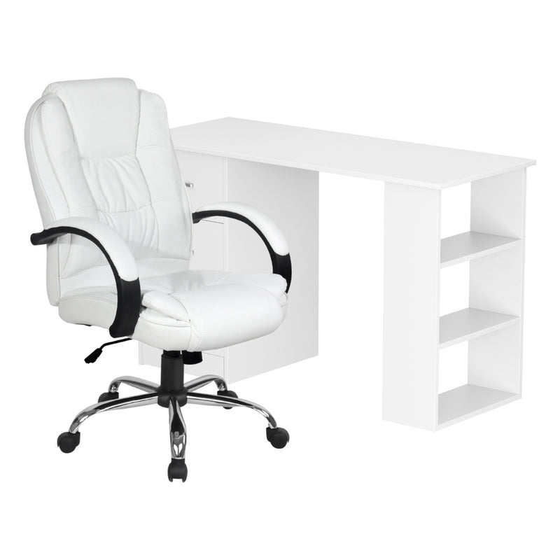 Artiss Computer Desk 120cm Office Chair Set PU Leather White