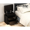 Artiss Bedside Table LED 2 Drawer Black Lift-up Storage