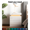 Artiss Bedside Table LED 2 Drawers White Lift Storage
