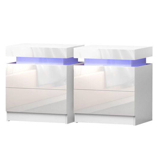 Artiss 2X Bedside Table LED 2 Drawers White Storage