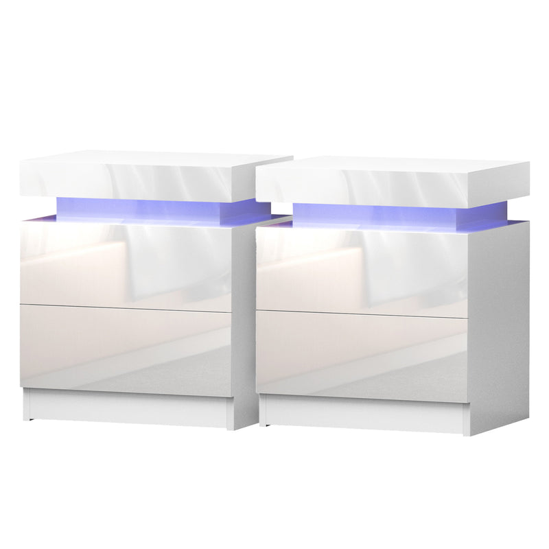 Artiss 2X Bedside Table LED 2 Drawers White Storage