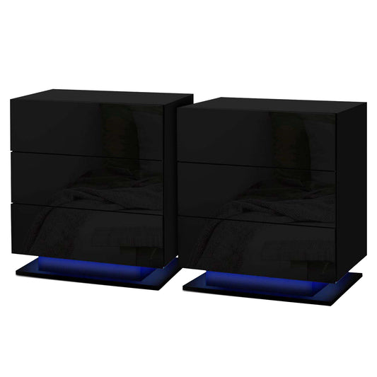 Artiss Bedside Table LED 3 Drawers Black