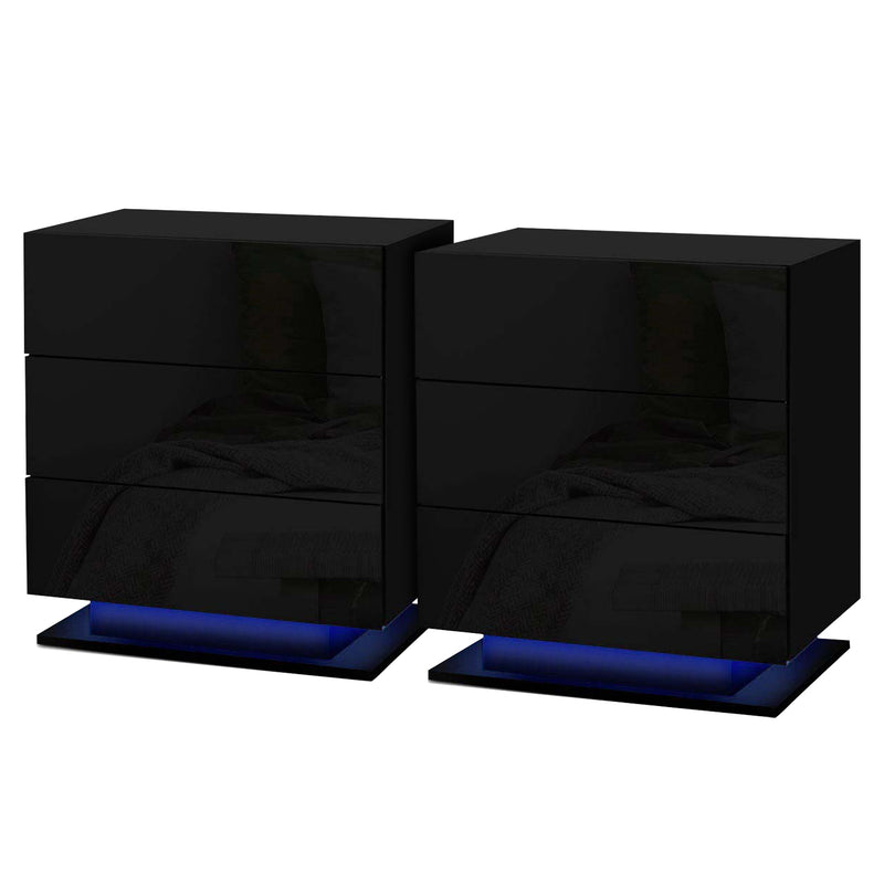 Artiss Bedside Table LED 3 Drawers Black
