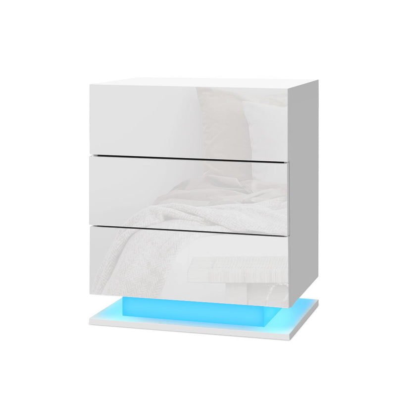 Artiss Bedside Table LED Light 3 Drawers White