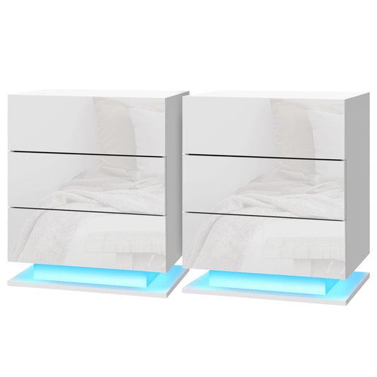 Artiss Bedside Table LED 3 Drawer White Mori
