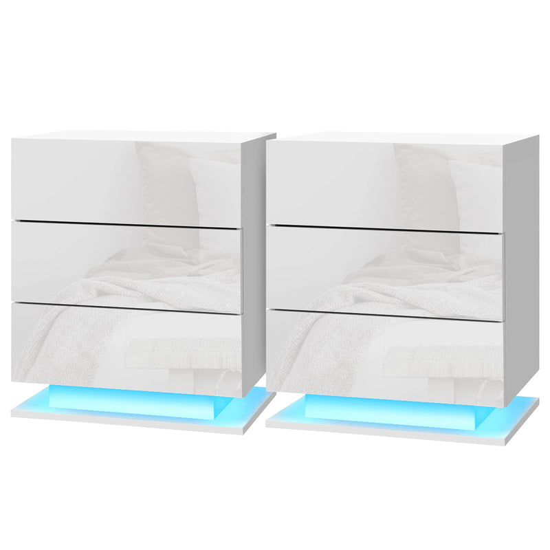 Artiss Bedside Table LED 3 Drawer White Mori