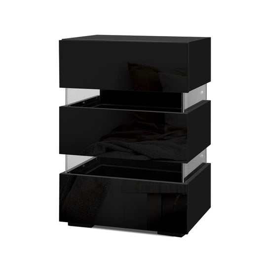 Artiss Bedside Table LED 3 Drawers Black LUMI