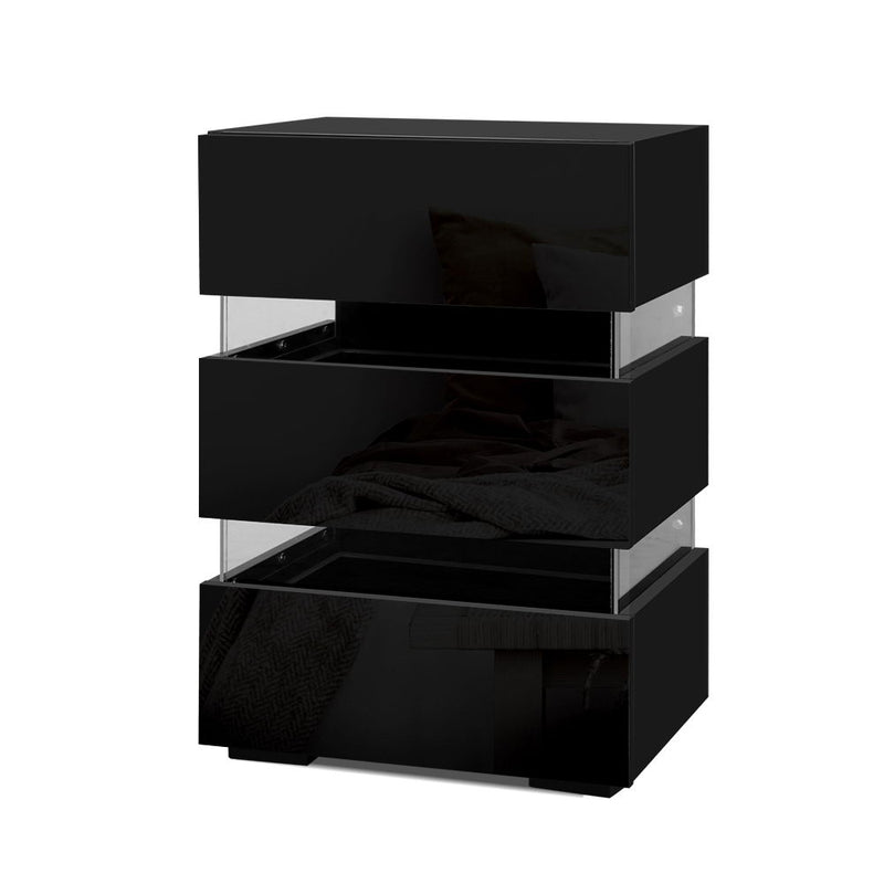 Artiss Bedside Table LED 3 Drawers Black LUMI
