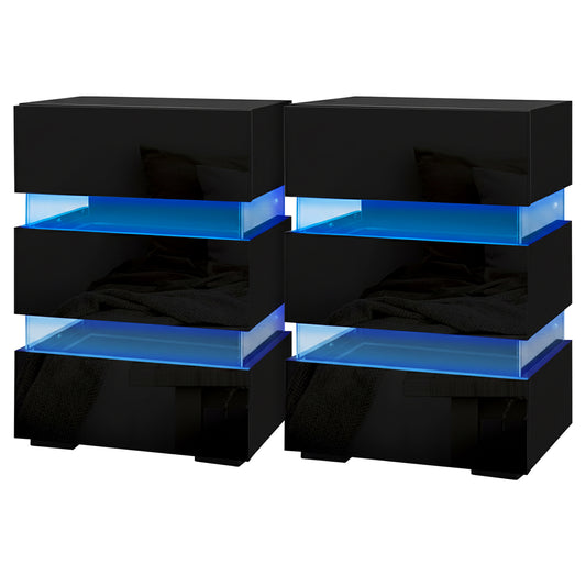 Artiss LED Bedside Table 3 Drawer Black 2 Pack