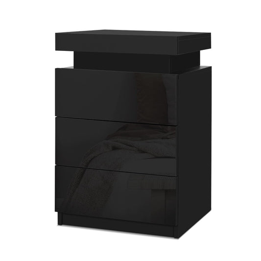 Artiss Bedside Table 3 Drawer LED Black