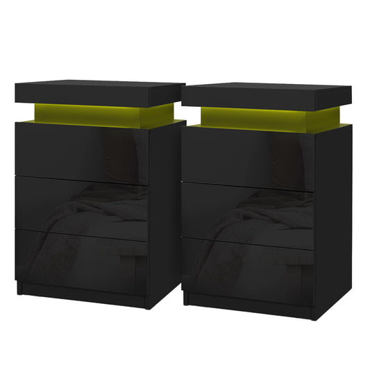 Artiss LED Bedside Table 3 Drawers Black