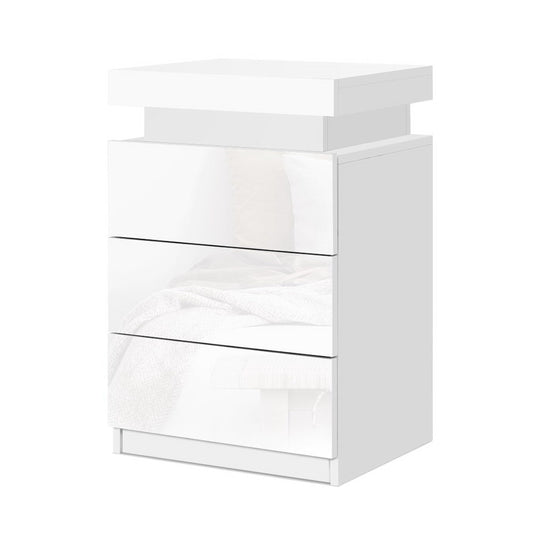 Artiss Bedside Table LED 3 Drawers White