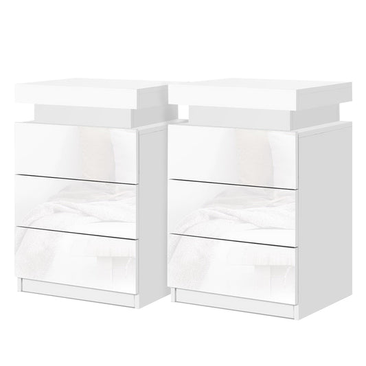 Artiss Bedside Table LED 3 Drawer White Modern