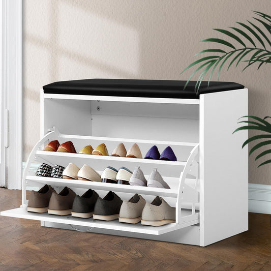 Artiss Shoe Rack Storage Cabinet Bench Organiser 3-tier Adjustable Shelf White