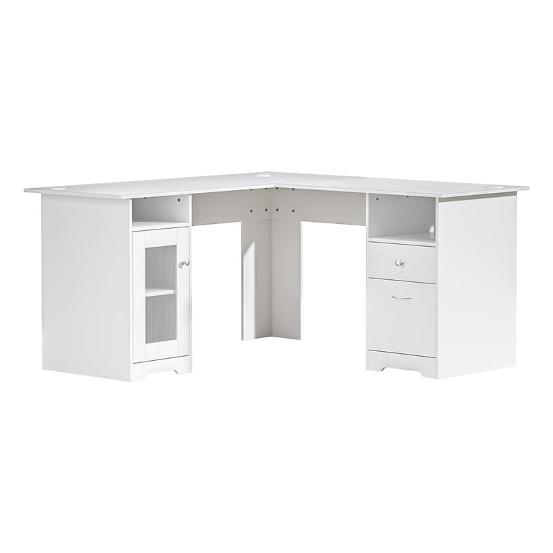 Artiss L-Shape Computer Desk 150cm White with Shelf Cabinet