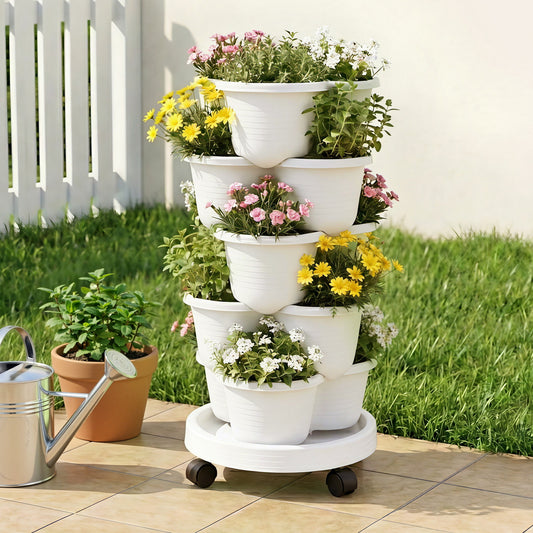 Green Fingers 5 Tier Vertical Garden Planter White Stackable Wheels
