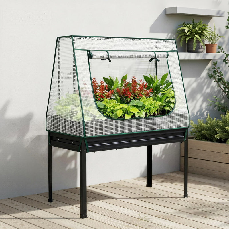 Green Fingers Garden Bed 116x60cm Metal Elevated w Greenhouse Cover