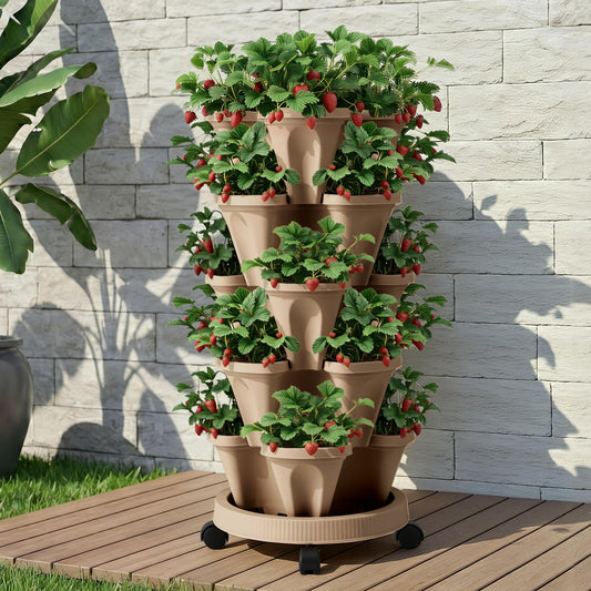 Green Fingers 5 Tier Vertical Garden Bed Stackable Planters Grey Tan