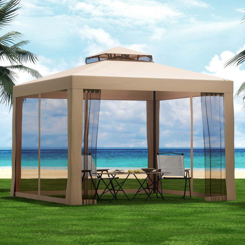 Instahut 3m Gazebo Marquee Tent Brown Mesh Walls Outdoor Canopy