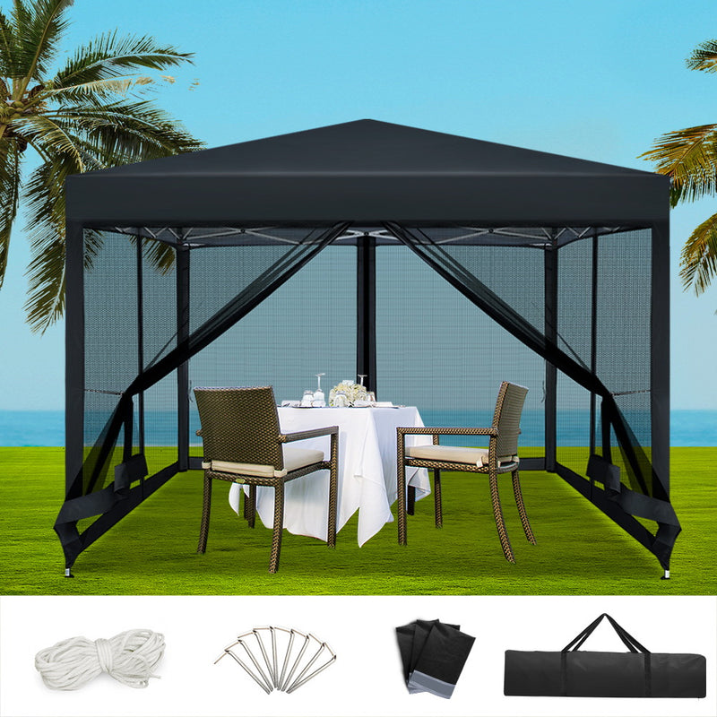 Instahut 3x3m Pop Up Gazebo Marquee Tent Canopy Mesh Wall Black