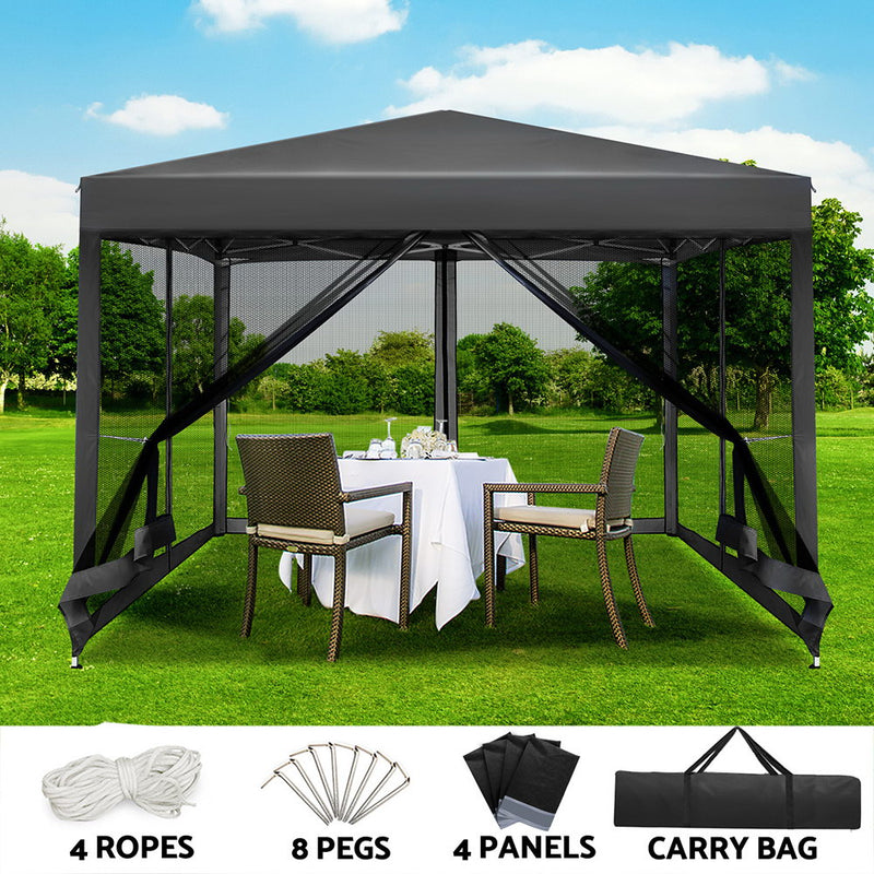 Instahut 3x3m Pop Up Gazebo Marquee Mesh Wall Grey Outdoor Tent